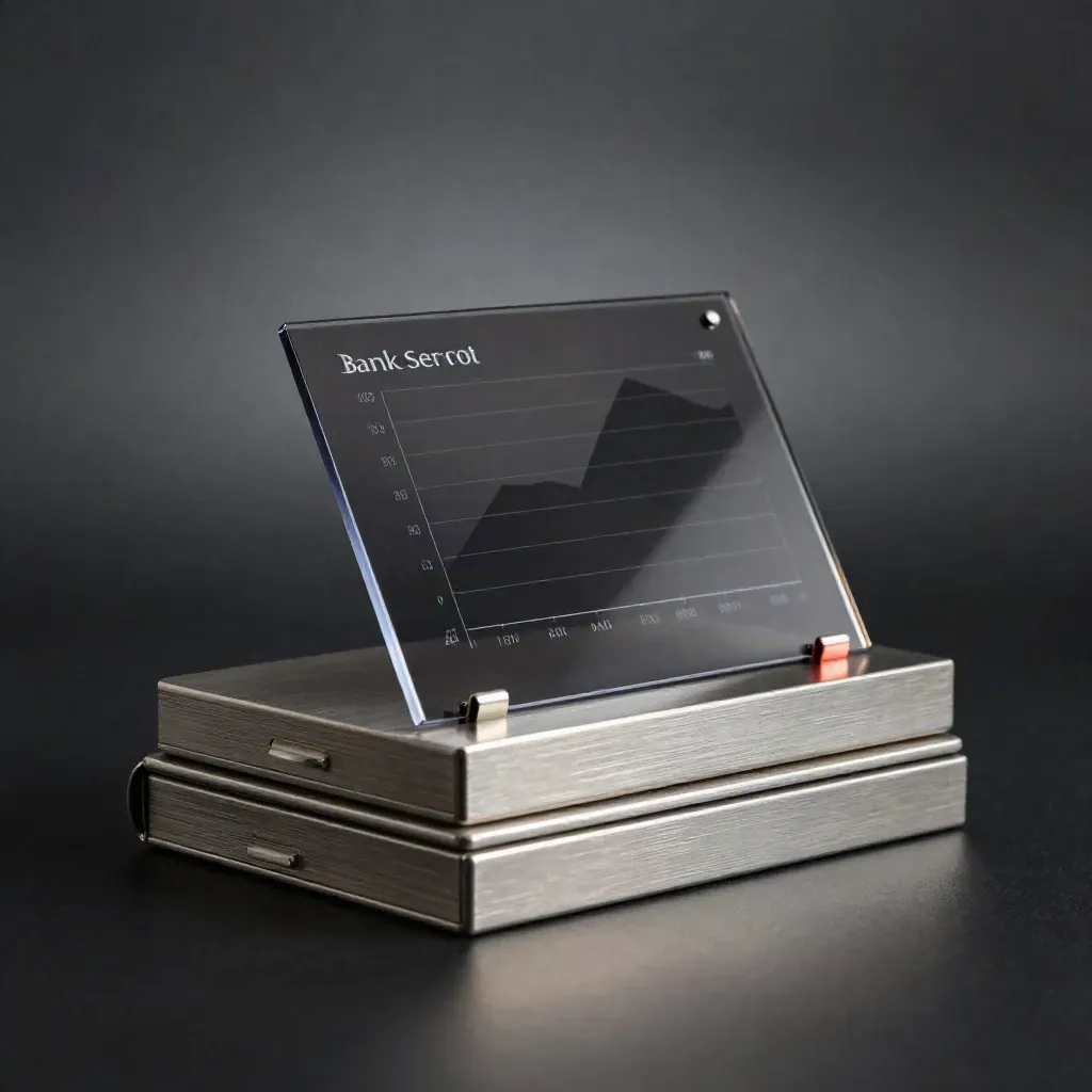 Layered bank sector charts folio with metallic tabs and acetate overlay on a dark studio surface.