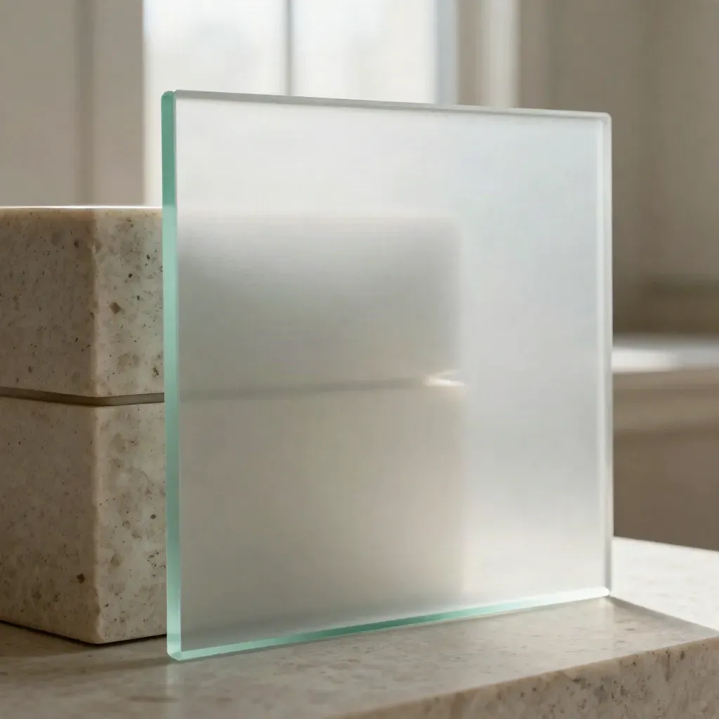 Translucent REIT screener panel with travertine blocks and a grid shadow.