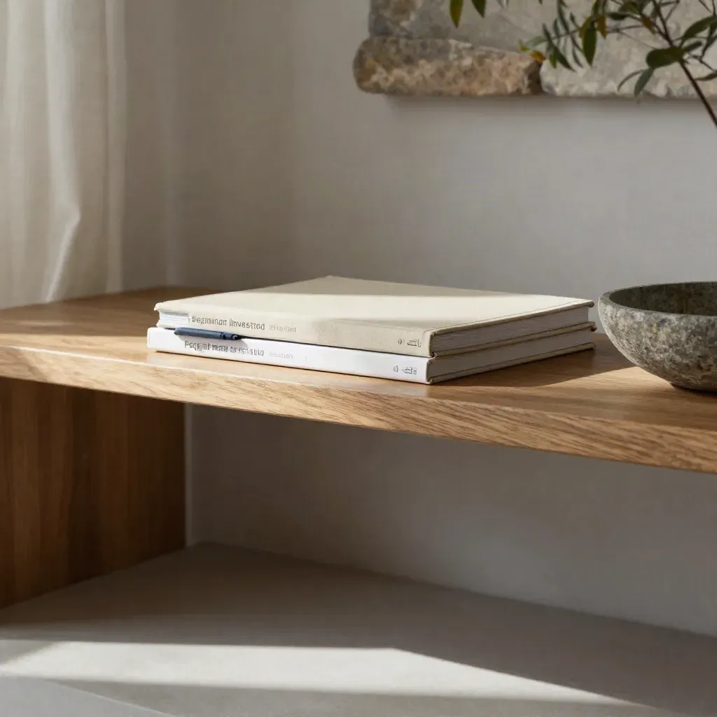 Oak reading alcove with beginner investing guides, linen, stone bowl, curtain light, blurred plant
