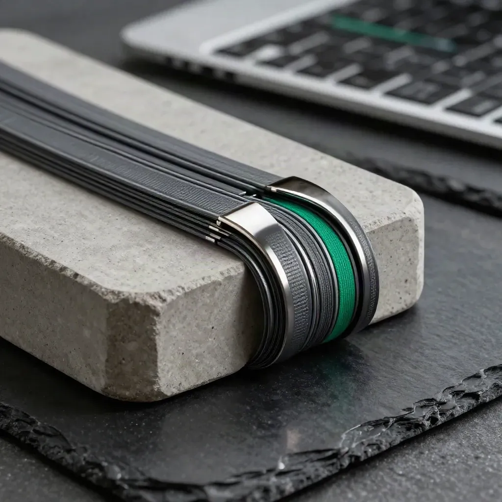 Emerald-accented portfolio watchlist strip bundle curves around a concrete block on a dark studio surface.